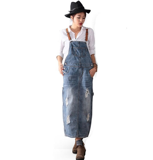 Sixsr Fashion Maxi Denim Dress Summer Ladies Suspenders Holes Jean Dresses Female Loose Plus Size 5XL Bib Blue cowboy Long Dress 8075