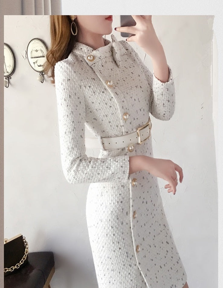 Sixsr New Arrival Autumn And Winter Runway Women Elegant Tweed Dress Bow Collar Long Sleeve Female Fashion Chic Vestidos