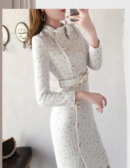 Sixsr New Arrival Autumn And Winter Runway Women Elegant Tweed Dress Bow Collar Long Sleeve Female Fashion Chic Vestidos