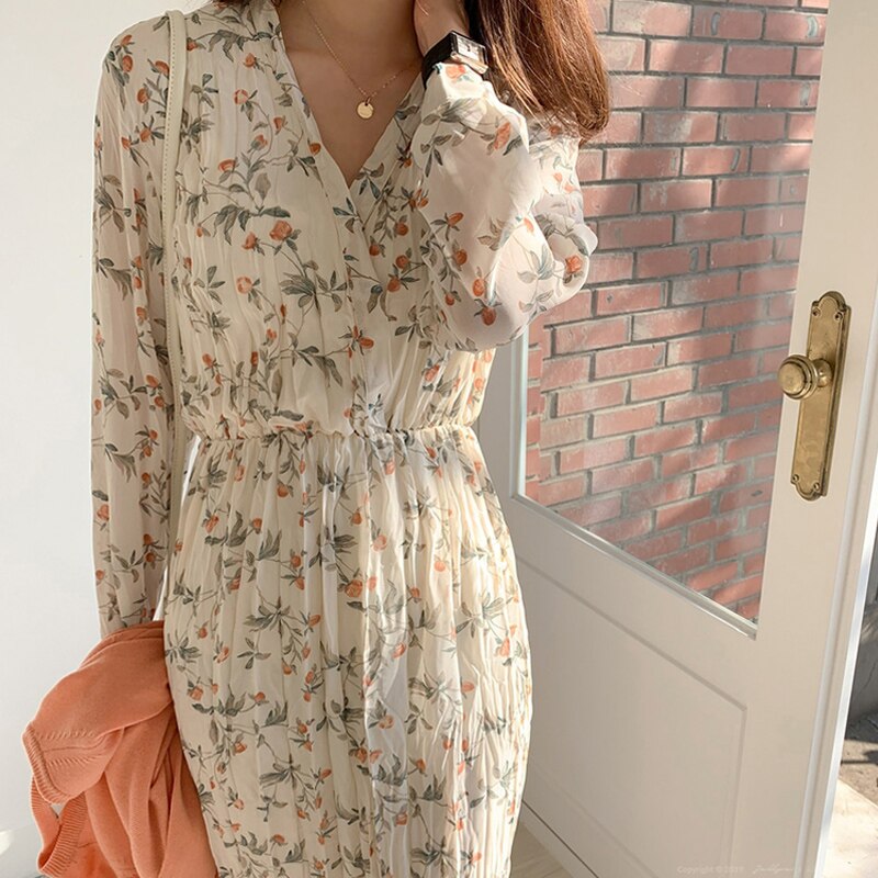 Fashion Trends Elegant Ruched Floral Print Women Autumn Dress Sexy V-neck Full Sleeve Female Long Dresses Spring Chiffon Vestidos