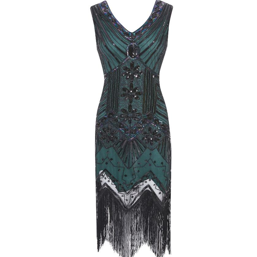 1920s Vintage Flapper Great Gatsby Party Dress V-Neck Sleeveless Sequin Beaded style Style Tassel Flapper Vestidos Feminina 1920