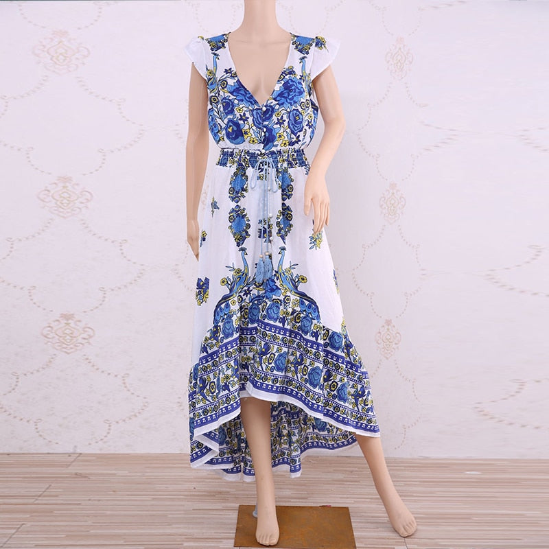 New Women Summer Boho Beach Maxi Dress Sexy V Neck Vintage Print Long Dresses Casual Sundress Dress