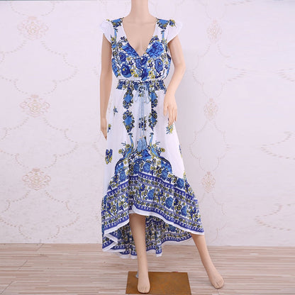 New Women Summer Boho Beach Maxi Dress Sexy V Neck Vintage Print Long Dresses Casual Sundress Dress