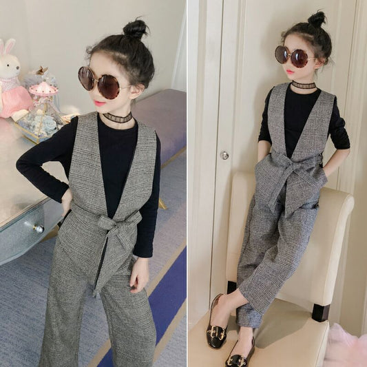 sixsr Teenage Girls Clothing Set 12 13 14 Years  Spring Plaid Vest T-shirts Pants 3pcs Suit for Girls Clothes Fashion Kids Costume