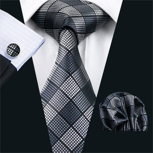 Sixsr FA-1017 Barry.Wang Mens Ties Black Plaid Silk Jacquard Tie Hanky Cufflinks Set Men's Business Gift Ties For Men Free Shipping