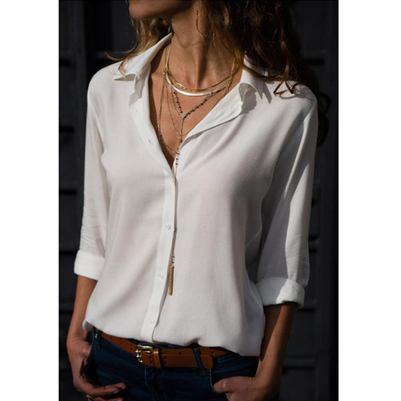 sixsr Elegant Long Sleeve Oversized Solid V-Neck Chiffon Blouse Summer Women Tops Female Office Shirts Casual Regular