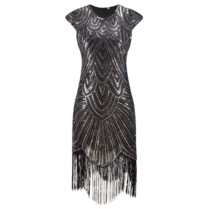 1920s Flapper Dress Great Gatsby Dress O-Neck Cap Sleeve Sequin Fringe Party Midi Dress Vestido De Verano Summer Women Dress