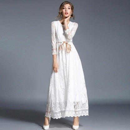 Sixsr  Fashion Trends High-end Hollow Out White Lace Dress Women Maxi Dress Robe Femme Ete Autumn Long Party Dresses Vestido Longo