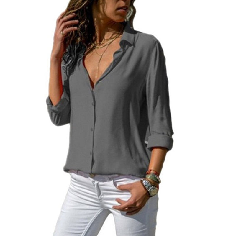 sixsr Elegant Long Sleeve Oversized Solid V-Neck Chiffon Blouse Summer Women Tops Female Office Shirts Casual Regular