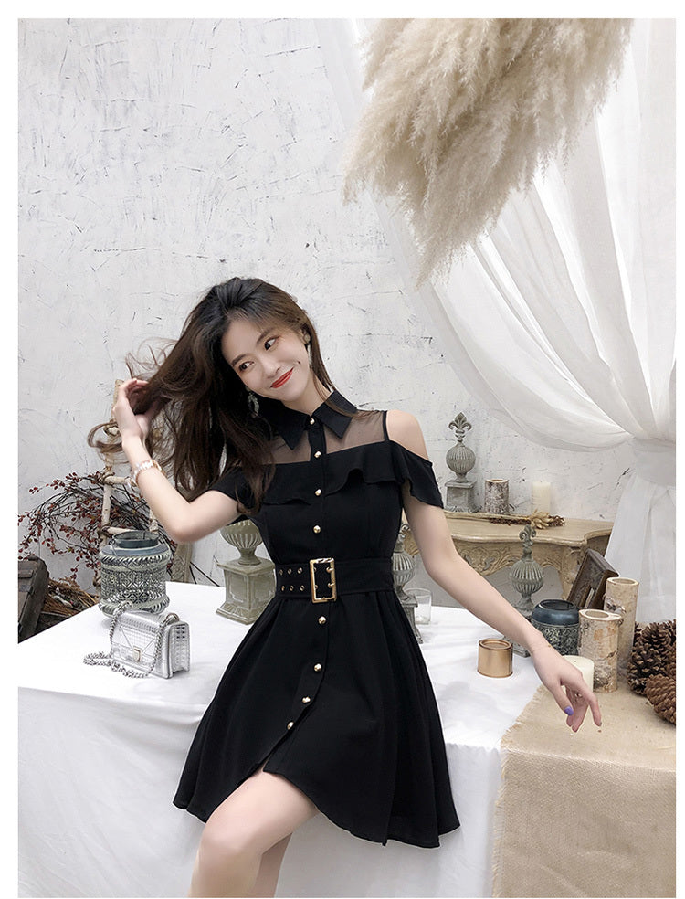 Sixsr Korean OL New Single Breasted Women Summer Dress Sweet Chic Black office work Short mini Dresses With Belt Vestidos jurken