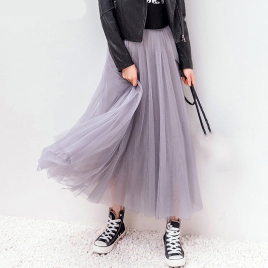 sixsr  Autumn Winter Vintage Tulle Skirt Women Elastic High Waist Mesh Skirts Long Pleated Tutu Skirt Female Jupe Longue