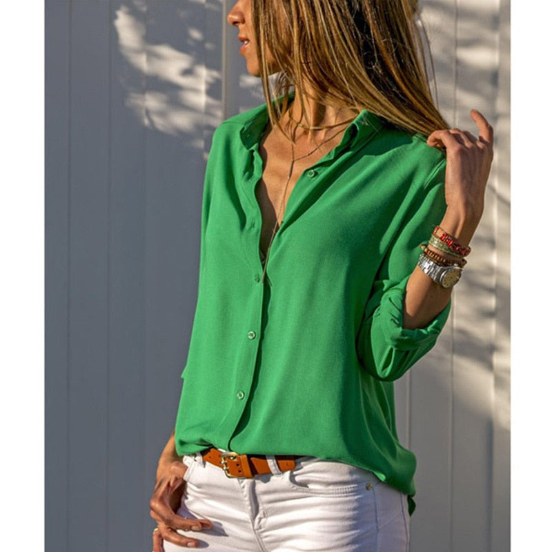 sixsr Elegant Long Sleeve Oversized Solid V-Neck Chiffon Blouse Summer Women Tops Female Office Shirts Casual Regular