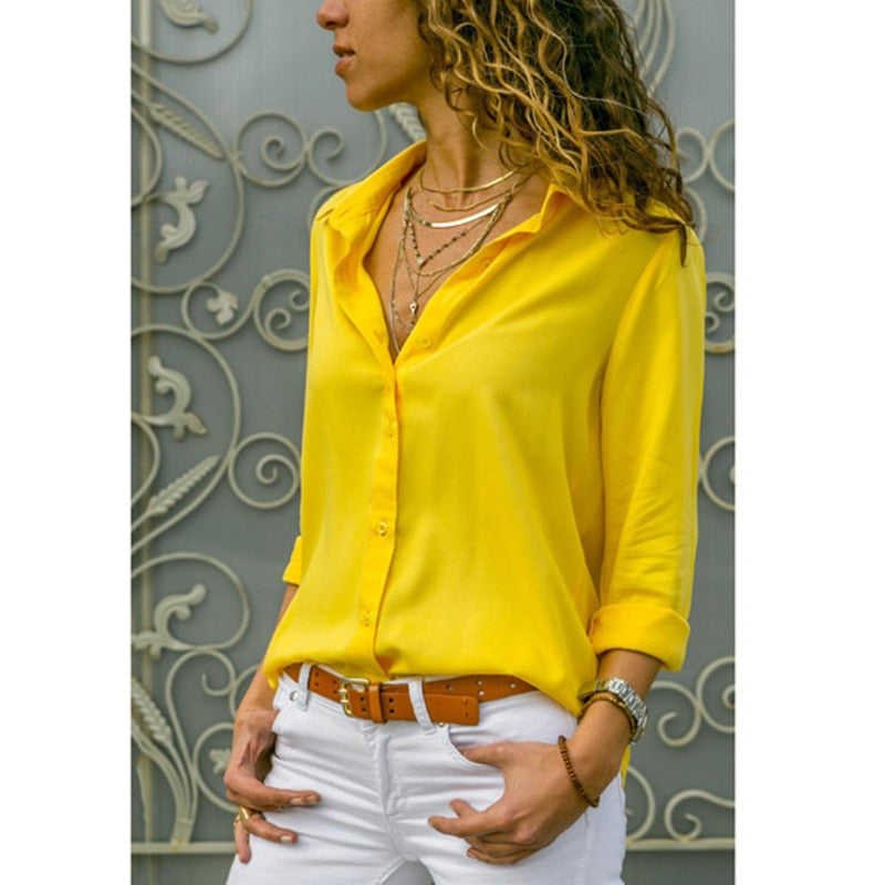 sixsr Elegant Long Sleeve Oversized Solid V-Neck Chiffon Blouse Summer Women Tops Female Office Shirts Casual Regular