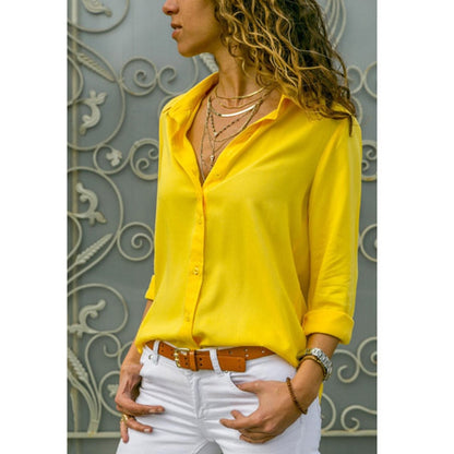 sixsr Elegant Long Sleeve Oversized Solid V-Neck Chiffon Blouse Summer Women Tops Female Office Shirts Casual Regular