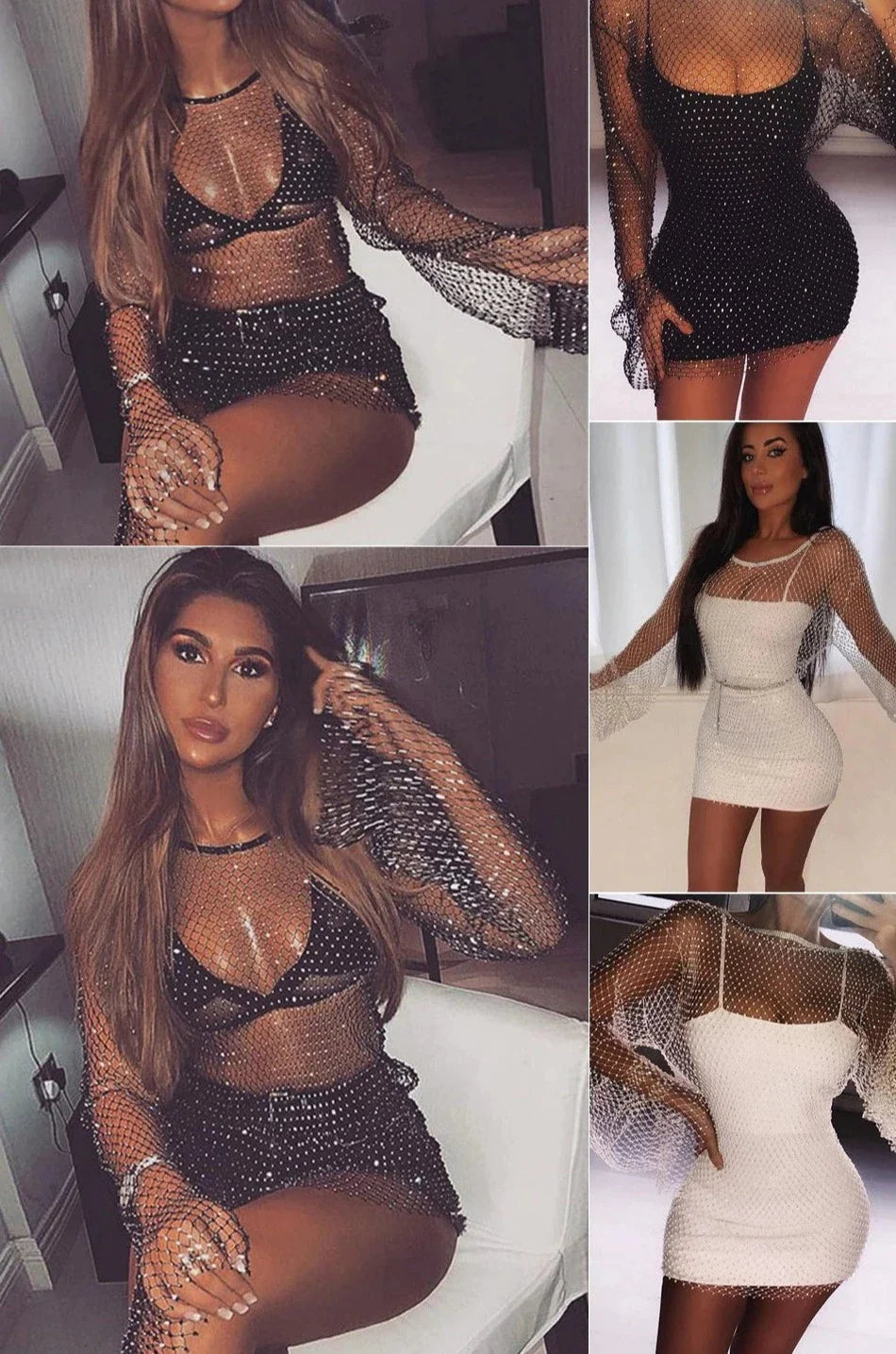 New Crystal Diamond Sexy Bodycon Dress Women Hollow Out Mini Dress Summer Fishnet Mesh Beach Dress Party Vestidos sixsr