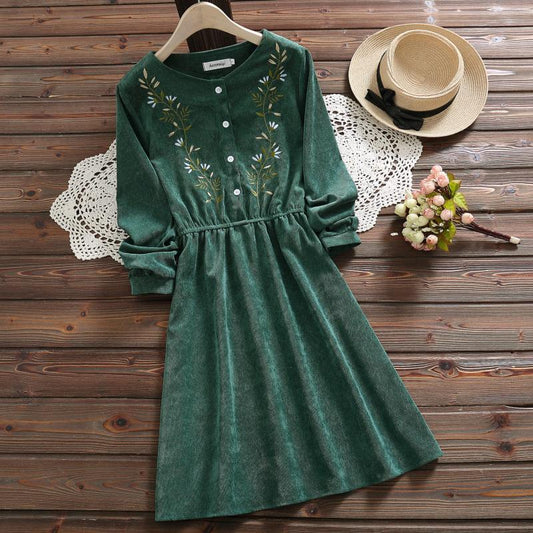 Sixsr Mori Girl Vintage Corduroy Women Shirt Dress Floral Embroidery Elegant Autumn Winter Dresses Midi Dresses For New Year