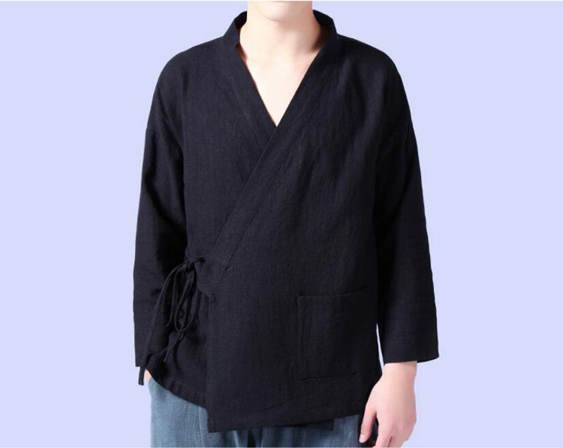 Men Linen Shirts Long Sleeve Chinese Style Mandarin Collar Traditional Kung Fu Tang Casual Social Shirt Plus Size M-4XL 5XL 6XL