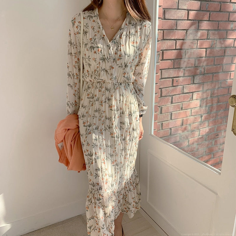 Fashion Trends Elegant Ruched Floral Print Women Autumn Dress Sexy V-neck Full Sleeve Female Long Dresses Spring Chiffon Vestidos