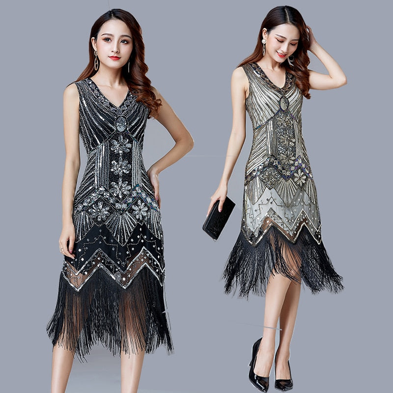 1920s Vintage Flapper Great Gatsby Party Dress V-Neck Sleeveless Sequin Beaded style Style Tassel Flapper Vestidos Feminina 1920