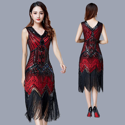 1920s Vintage Flapper Great Gatsby Party Dress V-Neck Sleeveless Sequin Beaded style Style Tassel Flapper Vestidos Feminina 1920