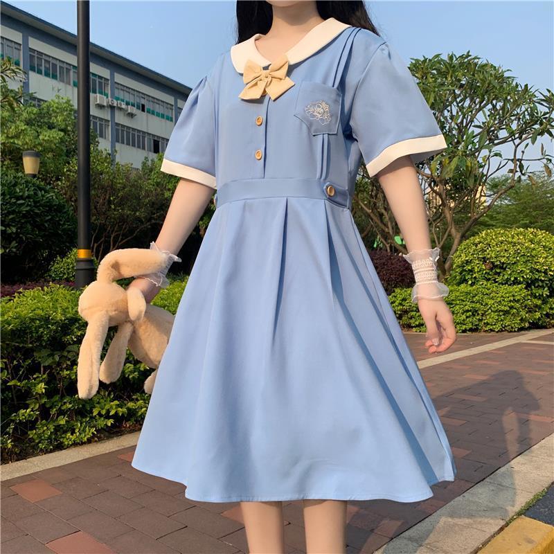 Sixsr Harajuku Sailor Collar Navy Dress Japanese Lolita Sweet Bow-knot Girl Retro Cotton Kawaii Preppy Style Short Sleeve Dress Women