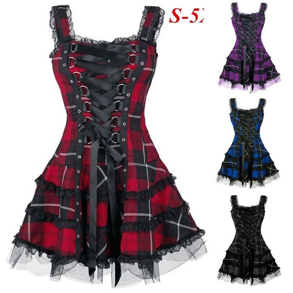 Sixsr Dress Women Classic Frill Lace Dresses Sleeveless Plaid Vintage Gothic Mini Dresses Ball Gowns Cosplay Costume Plus Size Dress