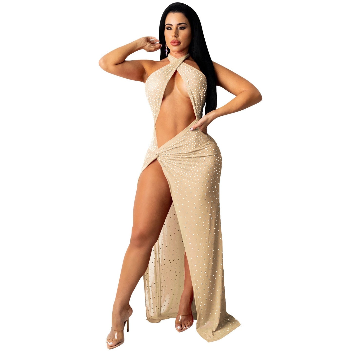 Sixsr Sheer Mesh Diamonds Sequined Pearls High Split Long Dress For Women Straps Bodycon Long Vestidos Night Party Rhinestone Outfits