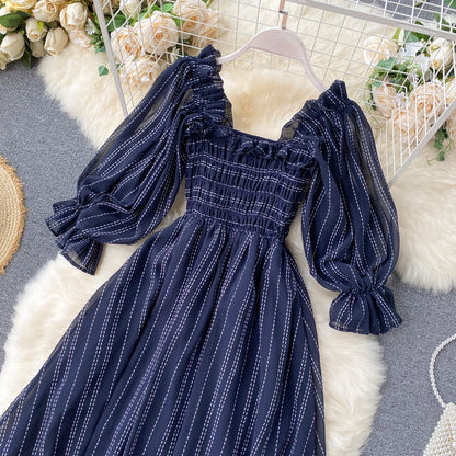 Sixsr Summer Beach Chiffon Long Dress Elegant Solid Lantern Sleeve High Waist Women Maxi Dress Party Club Ladies Vestidos New