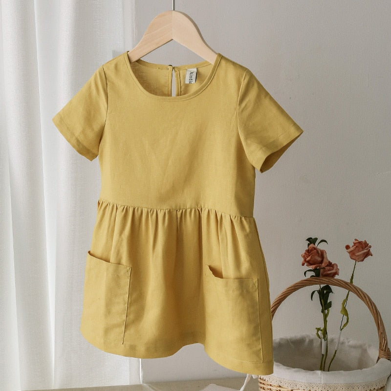 Sixsr Fashion Cotton Linen Summer Girl Dress Yellow Casual Short Sleeve Kids Holiday Dress With Pockets TZ20