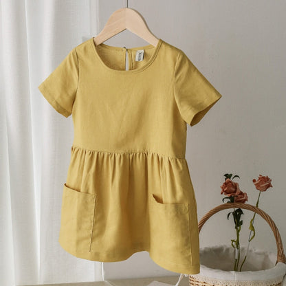 Sixsr Fashion Cotton Linen Summer Girl Dress Yellow Casual Short Sleeve Kids Holiday Dress With Pockets TZ20