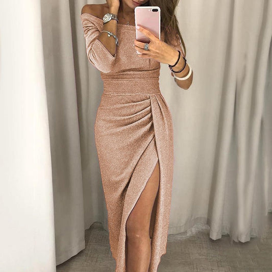 Sixsr Spring Autumn Solid Women's Tunic Lady Evening Party Dresses Off Shoulder High Waist Long Dress Elegant Sexy Club Vestidos