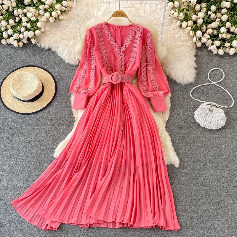 Sixsr Red/Yellow/Black Embroidered Pleated Long Dress Vintage V-Neck Lantern Long Sleeve High Waist Draped Maxi Vestidos Female