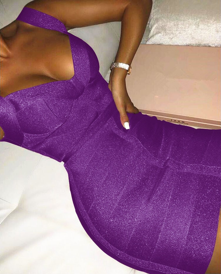 Free Shipping Ladies Sexy V Neck Backless Purple Shining Women Bandage Dress Designer Fashion Sparkly Party Dress Vestido