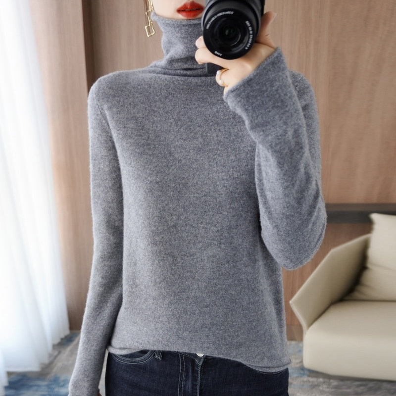 100% Pure Wool Cashmere Sweater Fall/Winter Pile Collar Pullover Korean Fashion Casual Knitted Tops Women Jacket Long Sleeve