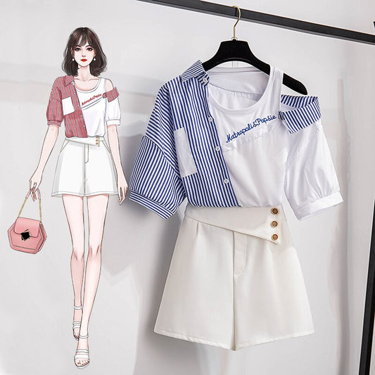 Sixsr 2 pieces shorts sets summer Sweet Korean off shoulder striped patchwork tops and shorts 2 pieces sets women two pieces outfits