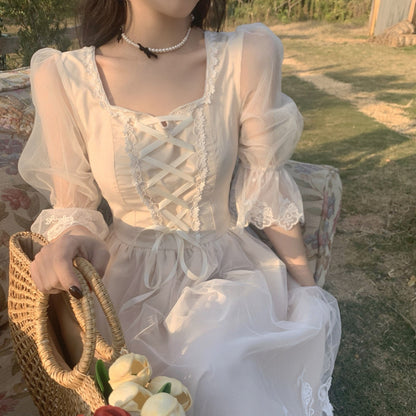 Sixsr Summer Lace Sweet Elegant Dress Women Evening Party One Piece Dress Korean Kawaii Short Sleeve Dress Female Square Collar