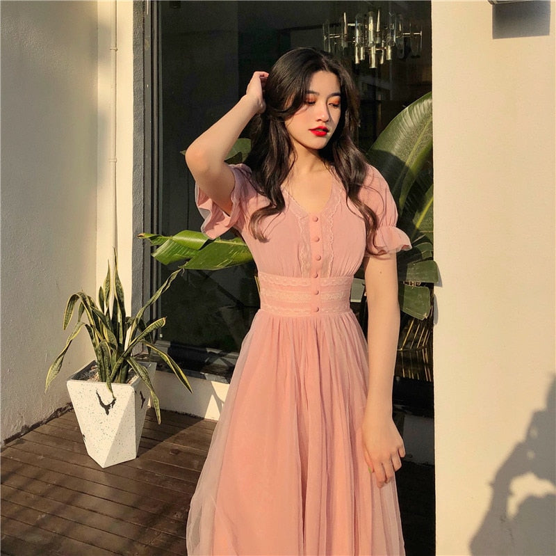 Sixsr New Summer Mesh Dress Female V-neck Short Puff Sleeve A-line Women Dress Slim Korean Style Mesh Elegant Vintage Vestidos