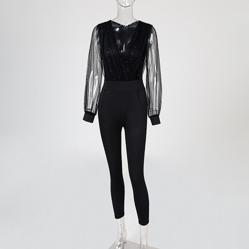 Sixsr Rompers Womens Jumpsuit Black Elegant Sequins Mesh Glitter Party Night Sexy Spring Long Pants One Piece Clothes Overalls
