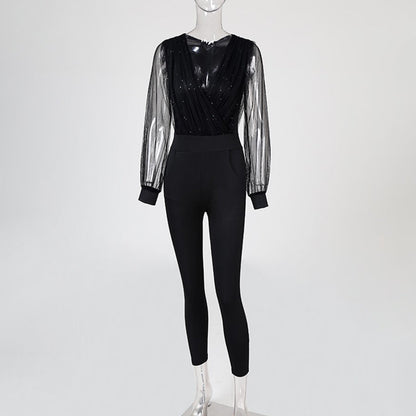 Sixsr Rompers Womens Jumpsuit Black Elegant Sequins Mesh Glitter Party Night Sexy Spring Long Pants One Piece Clothes Overalls