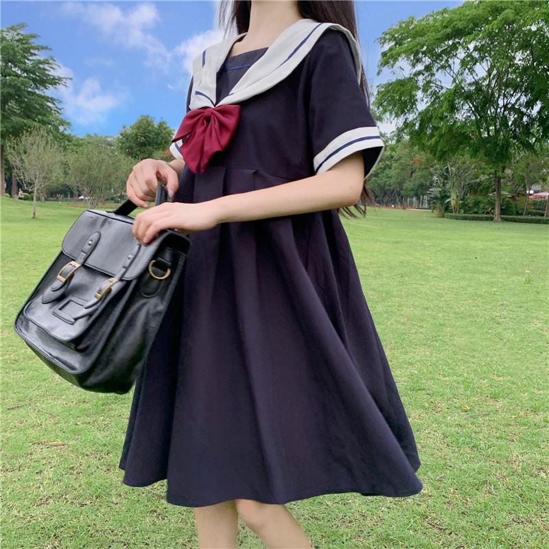 Sixsr Harajuku Sailor Collar Navy Dress Japanese Lolita Sweet Bow-knot Girl Retro Cotton Kawaii Preppy Style Short Sleeve Dress Women