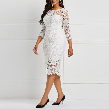 Sixsr Women Midi Dress Hot Sale Elegant Sexy OL Bodycon Floral Hollow Lace Female Fashion Evening Party Chic Sheath Ladies Dresses