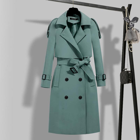 Sixsr Women Trench Coat Solid Double Breasted Trench Autumn Winter Elegant Vintage Turn-down Collar Warm Windproof Trench with Belt