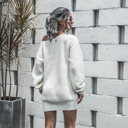 Sixsr The hottest ladies casual off-shoulder lantern sleeve knitted sweater dress