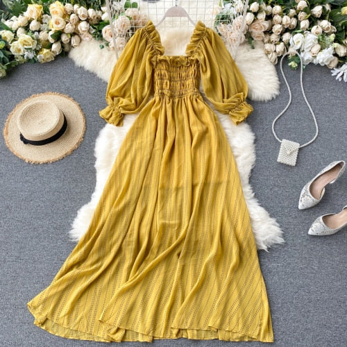 Sixsr Summer Beach Chiffon Long Dress Elegant Solid Lantern Sleeve High Waist Women Maxi Dress Party Club Ladies Vestidos New