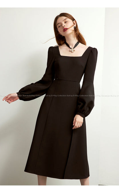 Sixsr Black Retro Split Dress Women Elegant Midi Designer Dress Female Long Sleeve Hepburn Style Chiffon Vintage Dress Fall  Women