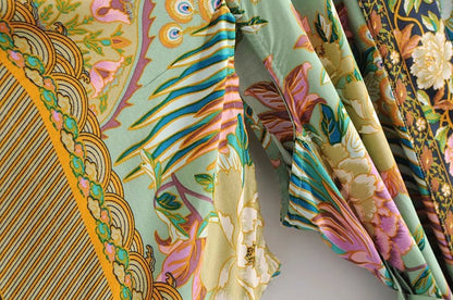 Sixsr women peacock floral print bat sleeve beach Bohemian Kimono robe Ladies V neck Tassel Summer happie dress vestidos