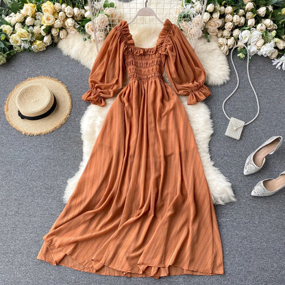 Sixsr Summer Beach Chiffon Long Dress Elegant Solid Lantern Sleeve High Waist Women Maxi Dress Party Club Ladies Vestidos New