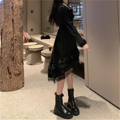 Sixsr New Gothic Women Black Fairy Party Dress Cross Square Collar Lolita Princess Irregular Dress Cute Kawaii Lace Ruffles Chic Dress