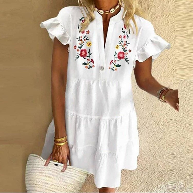 Fashion Tassel Sleeve Women Dress V Neck Lady Patchwork Dress Loose Casual Empire Knee Length Tassel Sleeve Dress