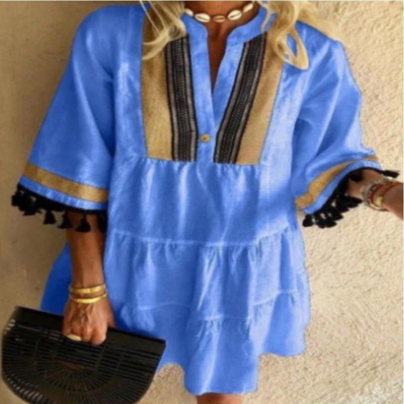 Fashion Tassel Sleeve Women Dress V Neck Lady Patchwork Dress Loose Casual Empire Knee Length Tassel Sleeve Dress